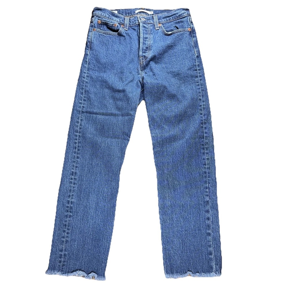 Levis Premium Wedgie Straight Ankle Jeans Womens Blue High Rise Distressed 26x25